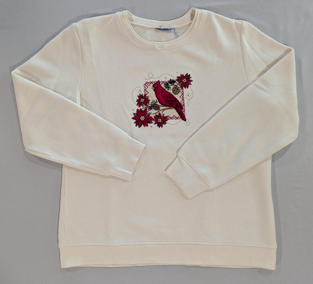 Vintage Cardinal Bird Sweatshirt Womens L White Fleece Christmas Poinsettia